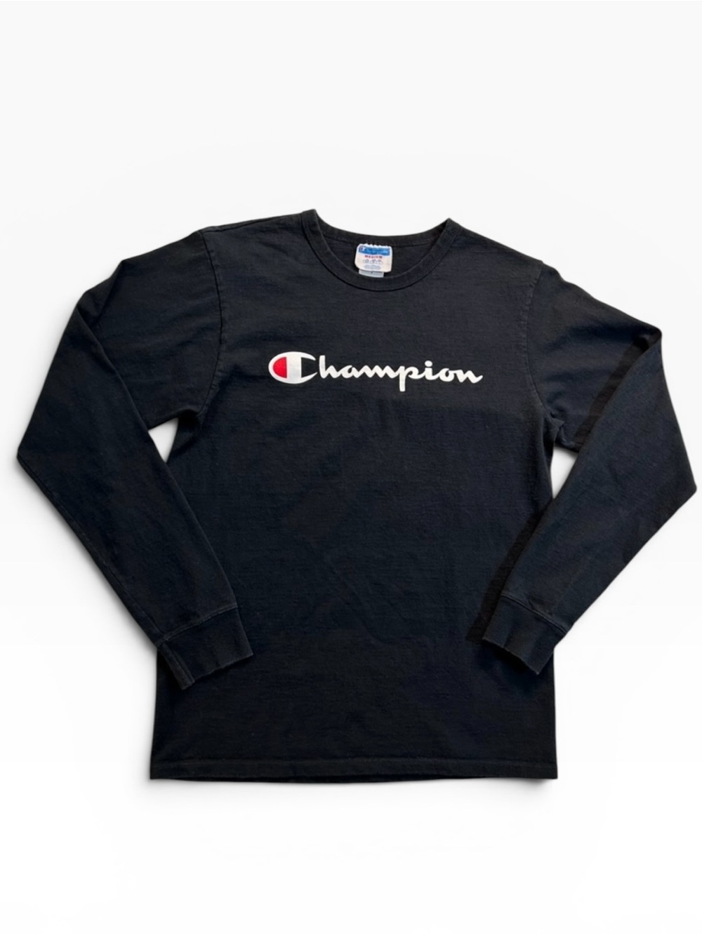 Vintage 90s Champion Script Logo Long Sleeve Shirt Mens Medium Black Cotton Y2K